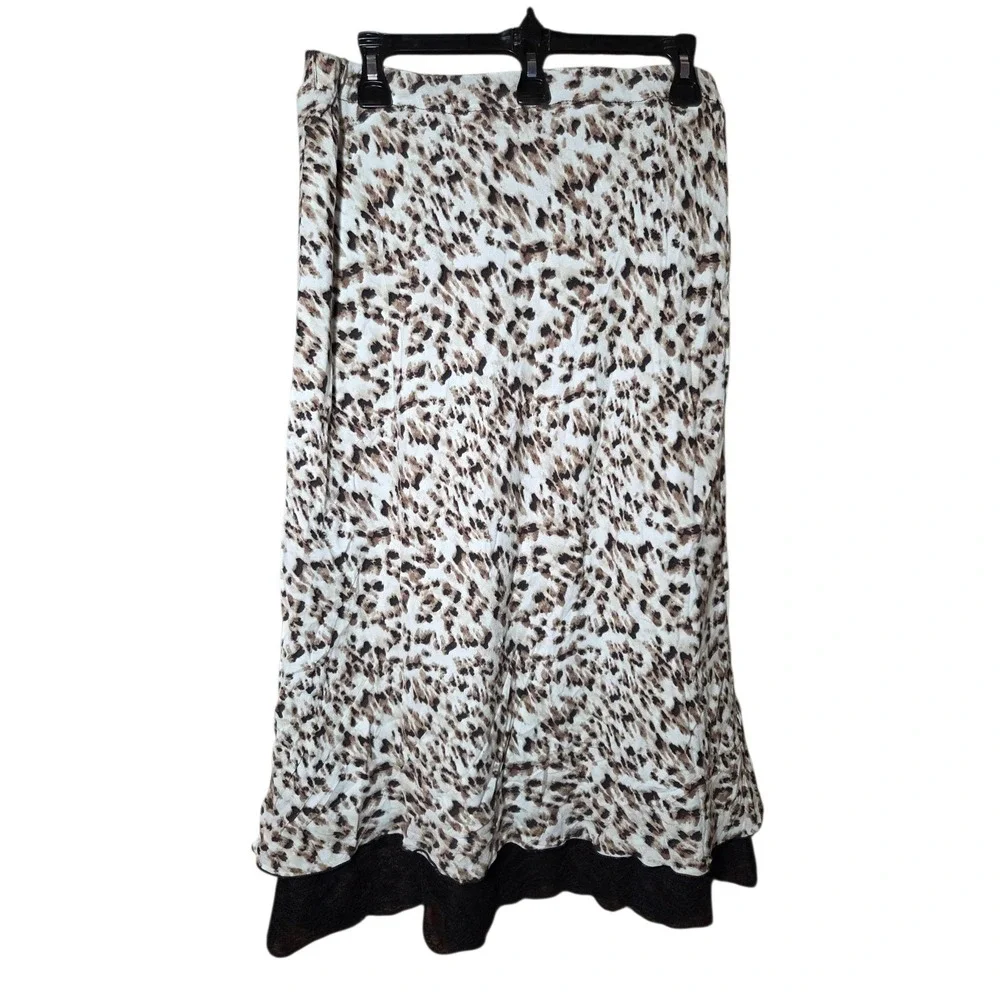 90s Y2K Brown Leopard Midi Skirt W‎ Black Lace Hem Pull On Silky M-XL